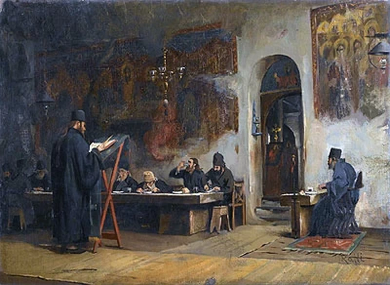 Theodoros Rallis - Refettorio in un monastero greco, Monte Athos